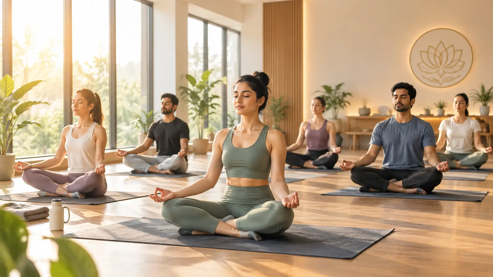 Employees practising yoga together in a modern office